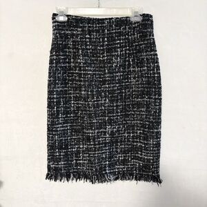 Tweed Pencil Skirt Black Metallic Fringe Hem Lined Textured Bouclé Style Small